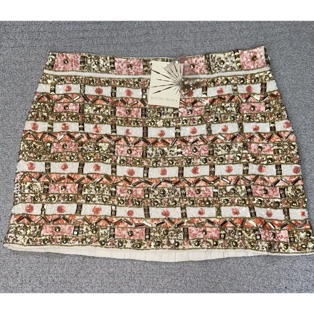 Boston Proper Embellished Mini Skirt Gold Pink 10 Glam Party Boho Y2K Disco Rave